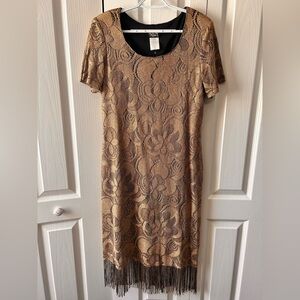 Helene Blake Dress Women’s 12 Crochet Fringe‎ Tan Black Boho Midi Party Flapper